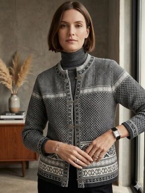 Vintage SKYR Gray Patterned Knit Cardigan Sweater 100% Wool